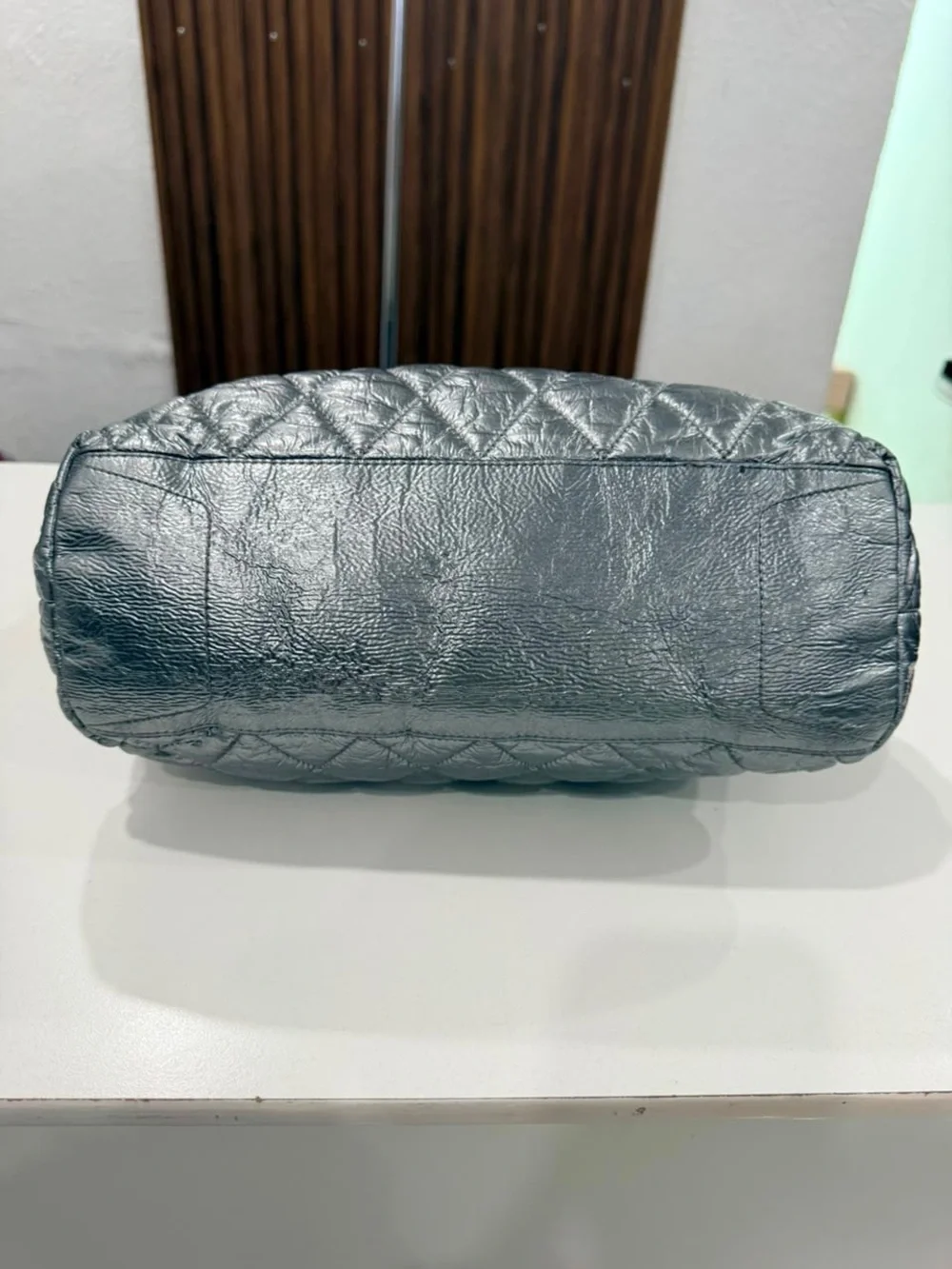 Coach Poppy Silver Quilted Metallic Signature Monogram Gray Black Tote #18676